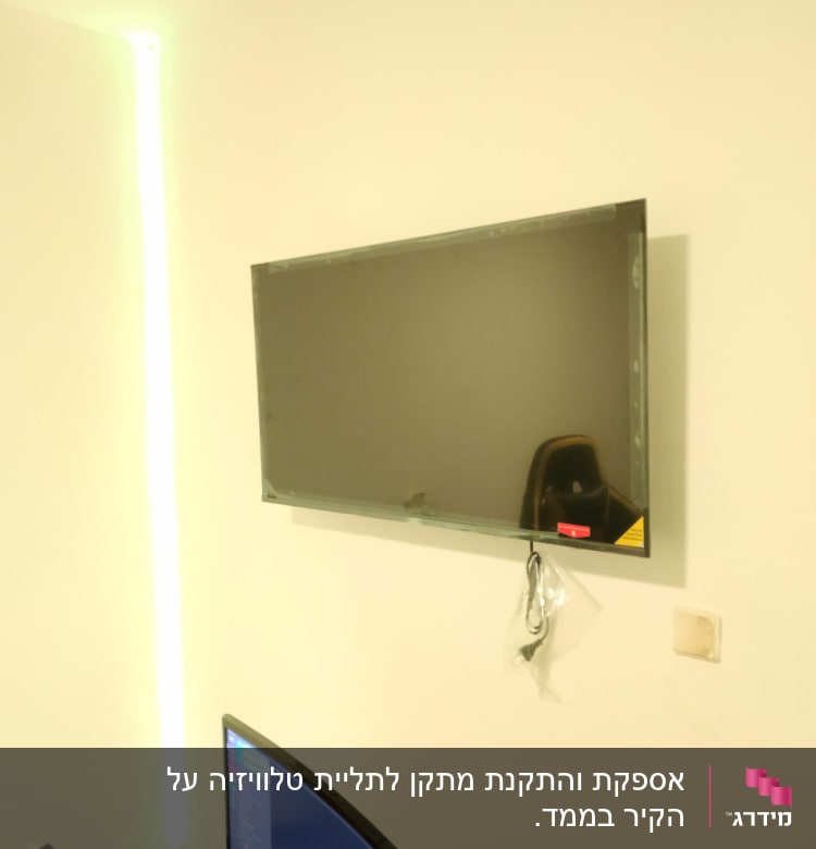 טלוויזיה תלויה על הקיר עם כבלים מחוברים